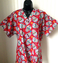 Load image into Gallery viewer, Day of the Dead Medical Scrub Top Sugar Candy Skull Folkloric Red Unisex Style for Men & Women