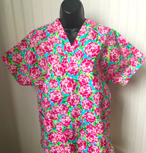 Load image into Gallery viewer, Floral Medical Scrub Top Rosey Posey Pink Flowers Unisex Relaxed Style for Men & Women