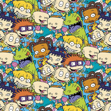 Load image into Gallery viewer, Solid Black Scrub Top with Rugrats Cartoon Fabric on *Neck Band & Pocket Options* Medical Scrub Top Unisex Style Shirt for Men & Women