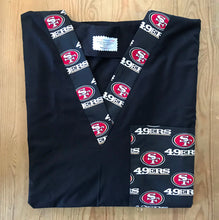 Load image into Gallery viewer, Solid Black Scrub Top with SF 49ers Football Fabric on *Neck Band & Pocket Options* Relaxed Style Unisex Mens Scrub Top Womens Scrub Top