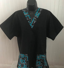 Load image into Gallery viewer, Solid Black Scrub Top with San Jose Sharks Hockey Fabric on *Neck Band & Pocket Options* Medical Scrub Top Unisex Style Shirt for Men & Women