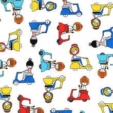 Load image into Gallery viewer, Colorful Retro Vespa Scooter Girls on White Fabric Unisex Medical Surgical Scrub Caps Men & Women Tie Back and Bouffant Hat Styles