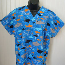 Load image into Gallery viewer, Sharks Medical Scrub Top Fish Ocean Sea Mammals Unisex Style for Men & Women