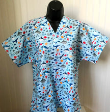 Load image into Gallery viewer, Nautical Sharks, Whales & Friends Medical Scrub Top Unisex Style for Men & Women
