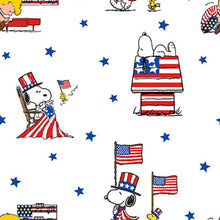 Load image into Gallery viewer, Patriotic USA Flag Peanuts Characters Snoopy White Fabric Unisex Medical Surgical Scrub Caps Men & Women Tie Back and Bouffant Hat Styles