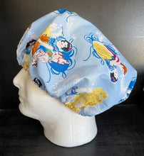 Load image into Gallery viewer, Snow White with Prince Charming Blue Fabric Unisex Medical Surgical Scrub Caps Men & Women Tie Back and Bouffant Hat Styles