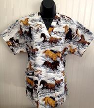 Load image into Gallery viewer, Horses Medical Scrub Top Wild Horses Running in Snow Unisex Style Shirt for Men & Women
