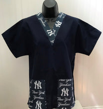 Load image into Gallery viewer, Solid Black Scrub Top with New York Yankees Baseball Fabric on *Neck Band & Pocket Options* Medical Scrub Top Unisex Style Shirt for Men & Women