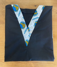 Load image into Gallery viewer, Solid Black Scrub Top with Golden State Warriors Fabric on *Neck Band & Pocket Options* Medical Scrub Top Unisex Style Shirt for Men & Women