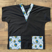 Load image into Gallery viewer, Solid Black Scrub Top with Golden State Warriors Fabric on *Neck Band & Pocket Options* Medical Scrub Top Unisex Style Shirt for Men & Women