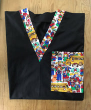 Load image into Gallery viewer, Solid Black Scrub Top with Teachers School Theme Block Fabric on *Neck Band & Pocket Options* Medical Scrub Top Unisex Style Shirt for Men & Women