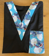 Load image into Gallery viewer, Solid Black Scrub Top with Lilo & Stitch Fabric on *Neck Band & Pocket Options* Medical Scrub Top Unisex Style Shirt for Men & Women