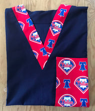 Load image into Gallery viewer, Solid NAVY Scrub Top with Philadelphia Phillies Baseball Fabric on *Neck Band & Pocket Options* Medical Scrub Top Unisex Style Shirt for Men & Women