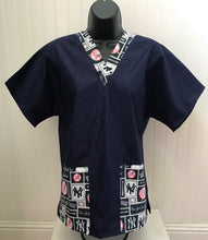 Load image into Gallery viewer, Solid NAVY Scrub Top with New York Yankees Baseball Block Fabric on *Neck Band & Pocket Options* Medical Scrub Top Unisex Style Shirt for Men & Women