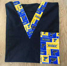 Load image into Gallery viewer, Solid Black Scrub Top with Saint Louis Blues Hockey Fabric on *Neck Band & Pocket Options* Medical Scrub Top Unisex Style Shirt for Men & Women