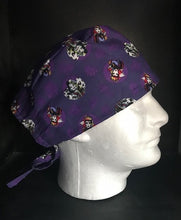Load image into Gallery viewer, Villains Evil Witch Cruella De Vil Bad Vibes Purple Fabric Unisex Medical Surgical Scrub Caps Men & Women Tie Back and Bouffant Hat Styles