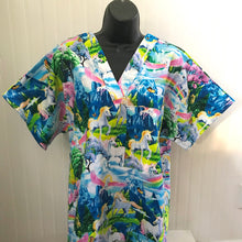Load image into Gallery viewer, Rainbow, Butterflies & Unicorns Medical Scrub Top Unisex Style Shirt for Men & Women