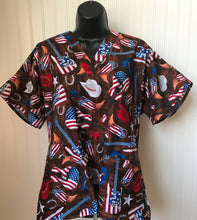 Load image into Gallery viewer, Patriotic Medical Scrub Top American USA Country Guitars Cowboy Hats Boots Unisex Style for Men & Women