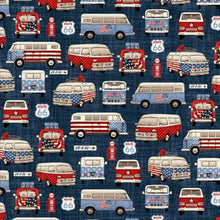 Load image into Gallery viewer, Patriotic All American Route 66 VW Van Road Trip Flag Red White Blue Fabric Unisex Medical Surgical Scrub Caps Men & Women Tie Back and Bouffant Hat Styles