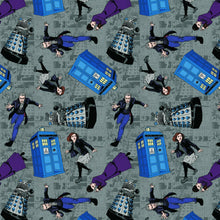 Load image into Gallery viewer, BBC Doctor Who Show CHARACTERS Large Print Gray Fabric Unisex Medical Surgical Scrub Caps Men & Women Tie Back and Bouffant Hat Styles