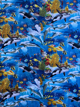 Load image into Gallery viewer, Nautical Medical Scrub Top Ocean Paradise Killer Whales, Sea Horses, Dolphins & Tropical Fish Unisex Style for Men & Women