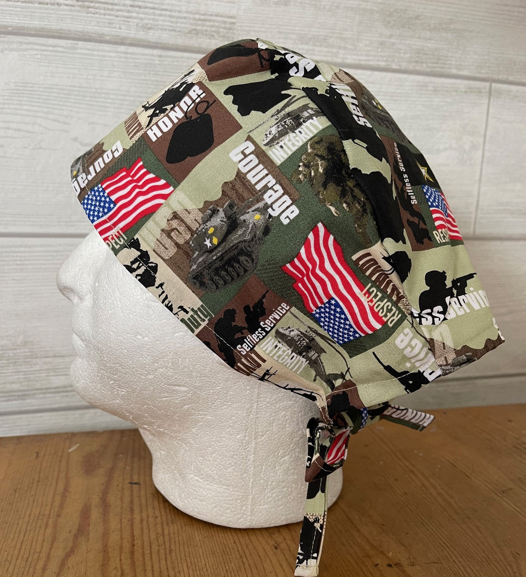 Patriotic Military US Army Strong Courage Fabric Unisex Medical Surgical Scrub Caps Men & Women Tie Back and Bouffant Hat Styles