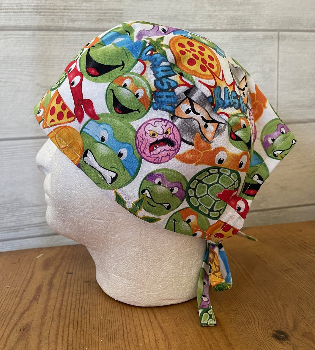 TMNT Teenage Mutant Ninja Turtles Emojis White Fabric Unisex Medical Surgical Scrub Caps Men & Women Tie Back and Bouffant Hat Styles