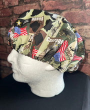 Load image into Gallery viewer, Patriotic Military US Army Strong Tanks Helicopter Black Fabric Unisex Medical Surgical Scrub Caps Men &amp; Women Tie Back and Bouffant Hat Styles
