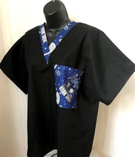 Load image into Gallery viewer, Solid Black Scrub Top with Star Trek Characters blue Fabric on *Neck Band &amp; Pocket Options* Medical Scrub Top Unisex Style Shirt for Men &amp; Women
