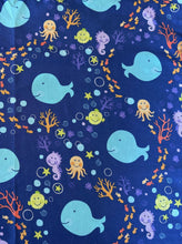 Load image into Gallery viewer, NAUTICAL HAPPY WHALES, SEAHORSES, OCTOPUS BLUE Medical Scrub Top Unisex Style for Men &amp; Women
