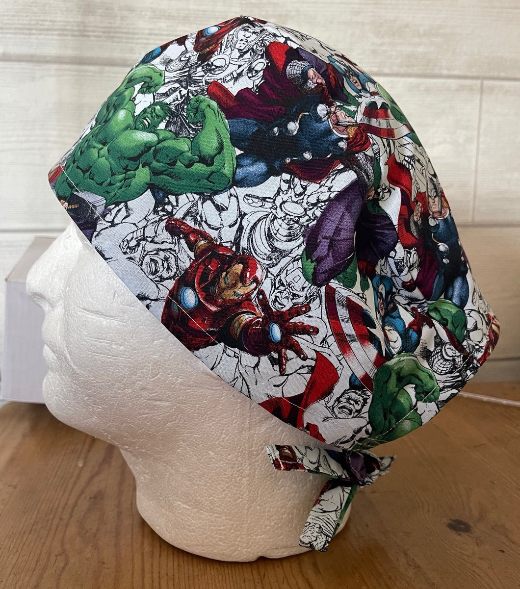 Marvel Avengers Superhero Captain America Iron Man Thor The Hulk Unisex Medical Surgical Scrub Caps Men & Women Tie Back and Bouffant Hat Styles