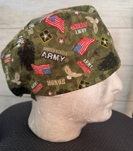 Load image into Gallery viewer, Patriotic Military US Army Strong Green Fabric Unisex Medical Surgical Scrub Caps Men &amp; Women Tie Back and Bouffant Hat Styles
