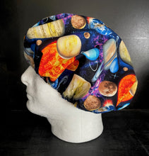 Load image into Gallery viewer, Outer Space Galaxy Solar System Planets Moon Packed &amp; Stars Fabric Unisex Medical Surgical Scrub Caps Men &amp; Women Tie Back and Bouffant Hat Styles
