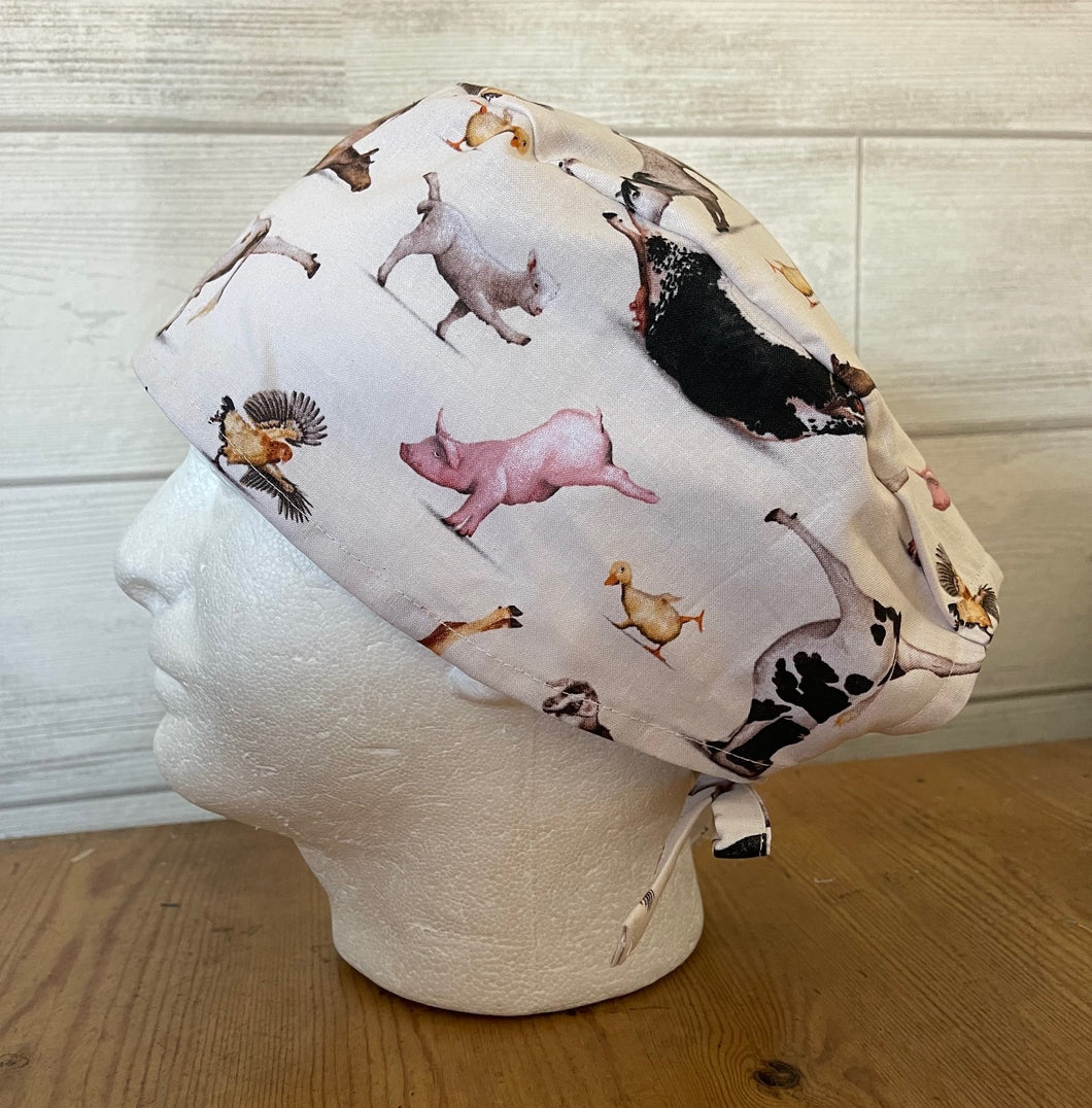 Farm Animals Yoga Poses Tan Fabric Unisex Medical Surgical Scrub Caps Men & Women Tie Back and Bouffant Hat Styles