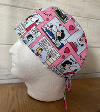 Load image into Gallery viewer, Valentines Day Peanuts Characters Snoopy Fabric Unisex Medical Surgical Scrub Caps Men &amp; Women Tie Back and Bouffant Hat Styles
