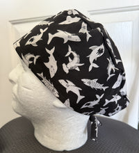 Load image into Gallery viewer, SHARK SPECIES ON BLACK Fabric Unisex Medical Surgical Scrub Caps Men &amp; Women Tie Back and Bouffant Hat Styles
