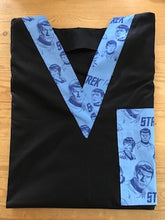 Load image into Gallery viewer, Solid Black Scrub Top with Star Trek blue Characters Fabric on *Neck Band &amp; Pocket Options* Medical Scrub Top Unisex Style Shirt for Men &amp; Women
