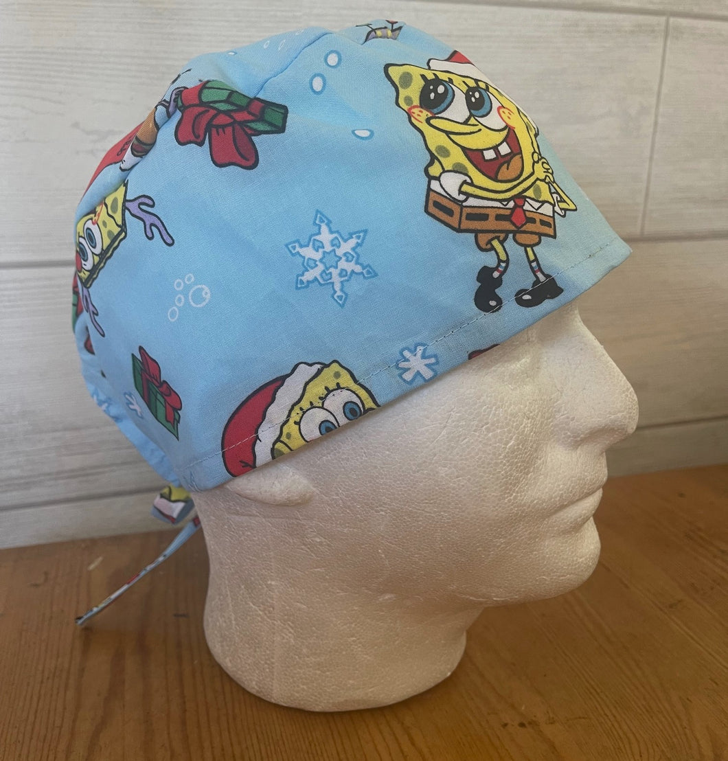 Christmas Sponge Bob Square Pants Presents Blue Fabric Unisex Medical Surgical Scrub Caps Men & Women Tie Back and Bouffant Hat Styles