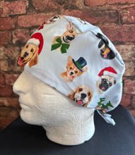 Load image into Gallery viewer, Christmas Santa Puppy Dogs Faces Selfies Blue Fabric Unisex Medical Surgical Scrub Caps Men &amp; Women Tie Back and Bouffant Hat Styles
