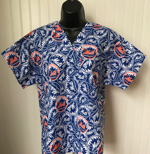 Size 2X NY Mets Baseball Blue Fabric Medical Scrub Top Unisex Style Shirt for Men & Women *IN STOCK *READY TO SHIP
