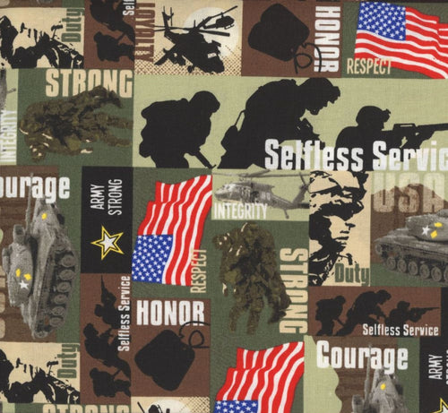 Patriotic Military US Army Strong Selfless Service Courage Loyalty Fabric Unisex Medical Surgical Scrub Caps Men & Women Tie Back and Bouffant Hat Styles