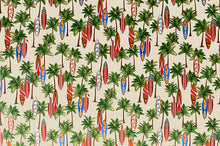 Load image into Gallery viewer, Hawaiian Tropical Palm Trees &amp; Surfboards on Tan Fabric Nurse Medical Scrub Top Unisex Style for Men &amp; Women
