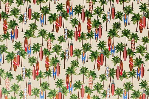 Hawaiian Tropical Palm Trees & Surfboards on Tan Fabric Nurse Medical Scrub Top Unisex Style for Men & Women