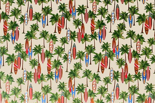 Hawaiian Tropical Palm Trees & Surfboards on Tan Fabric Unisex Medical Surgical Scrub Caps Men & Women Tie Back and Bouffant Hat Styles