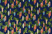 Load image into Gallery viewer, Hawaiian Tropical Palm Trees &amp; Surfboards on Blue Fabric Nurse Medical Scrub Top Unisex Style for Men &amp; Women
