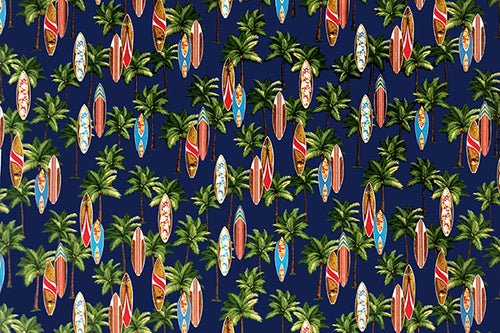 Hawaiian Tropical Palm Trees & Surfboards on Blue Fabric Unisex Medical Surgical Scrub Caps Men & Women Tie Back and Bouffant Hat Styles