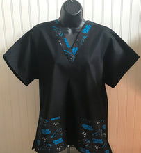 Load image into Gallery viewer, Solid Black Scrub Top with Carolina Panthers Football Fabric on *Neck Band &amp; Pocket Options* Medical Scrub Top Unisex Style Shirt for Men &amp; Women
