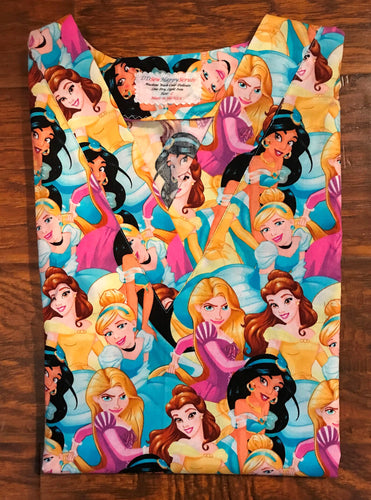 Size XL Packed Princesses Belle, Cinderella, Jasmine, Rapunzel Fabric Medical Scrub Top Unisex Style Shirt for Men & Women *IN STOCK *READY TO SHIP