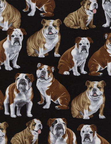 Animals Look at those Cute Faces English Bulldog Puppy Dogs on Black Fabric Unisex Medical Surgical Scrub Caps Men & Women Tie Back and Bouffant Hat Styles