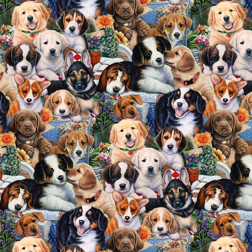 Animals Beautiful Puppy Dogs in the Garden Flowers Fabric Unisex Medical Surgical Scrub Caps Men & Women Tie Back and Bouffant Hat Styles